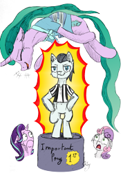Size: 1458x2048 | Tagged: safe, artist:flynnmlp, artist:shinycyan, character:mistmane, character:silver shill, character:starlight glimmer, character:sweetie belle, species:earth pony, species:pony, species:unicorn, colored, galacon 2018, ian james corlett, podium, signature, simple background, transparent background, voice actor joke