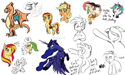 Size: 2000x1200 | Tagged: safe, artist:flynnmlp, artist:shinycyan, character:applejack, character:captain celaeno, character:princess luna, character:rarity, character:spike, character:sunset shimmer, species:dragon, my little pony: the movie (2017), aggie.io, alternate hairstyle, armpit hair, armpits, bacon pony, bag, butt, charizard, collaboration, colored, crossover, dab, doodle, jewelry, link, moonbutt, parasprite, pokémon, punk, punkity, regalia, saddle bag, the legend of zelda, winged spike