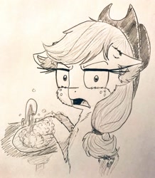 Size: 1784x2048 | Tagged: safe, artist:shinycyan, character:applejack, species:earth pony, species:pony, cleaning, clothing, coronavirus, covid-19, disgusted, female, freckles, funny face, hat, mare, monochrome, solo, traditional art, washing