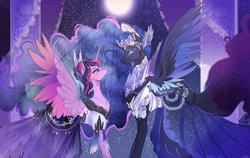 Size: 3172x2000 | Tagged: safe, artist:bunnari, character:nightmare moon, character:princess luna, character:twilight sparkle, character:twilight sparkle (alicorn), species:alicorn, species:pony, ship:twimoon, alternate universe, bad end, clothing, colored wings, crown, dress, duo, eyeshadow, female, full moon, high res, jewelry, lesbian, lidded eyes, looking at each other, makeup, moon, night, night sky, profile, regalia, shipping, sky, slit eyes, spread wings, starry night, victorious villain, wedding dress, wings