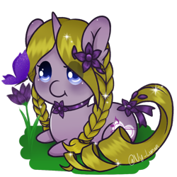 Size: 1000x1000 | Tagged: safe, artist:thanhvy15599, oc, oc only, oc:viola music heart, species:pony, species:unicorn, blue eyes, braid, butterfly, chibi, female, flower, flower in hair, mare, simple background, solo, transparent background, yellow hair