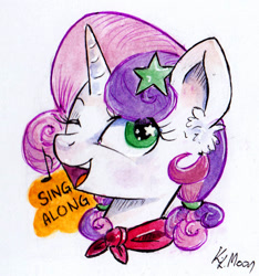 Size: 778x832 | Tagged: safe, artist:lailyren, artist:moonlight-ki, character:sweetie belle, species:pony, species:unicorn, cute, diasweetes, female, filly, magnet, music notes, one eye closed, singing, solo, starry eyes, stars, wingding eyes