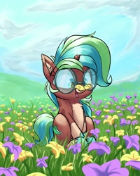 Size: 1600x2000 | Tagged: safe, artist:rocket-lawnchair, oc, oc only, species:pony, species:unicorn, broken horn, butterfly, butterfly on nose, chest fluff, commission, cute, female, field, flower, glasses, horn, insect on nose, mare, ocbetes, scenery, sitting, smiling, solo