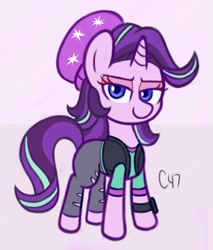 Size: 800x939 | Tagged: safe, artist:handgunboi, character:starlight glimmer, species:pony, species:unicorn, equestria girls:mirror magic, g4, my little pony: equestria girls, my little pony:equestria girls, spoiler:eqg specials, beanie hat, equestria girls outfit, female, mare, pink background, simple background, solo, watch