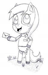 Size: 1203x1865 | Tagged: safe, artist:shinycyan, character:derpy hooves, species:anthro, species:pegasus, species:pony, animal crossing, blushing, cute, cutie mark, delivery pony, female, letter, monochrome, solo