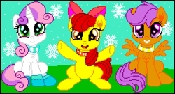 Size: 948x512 | Tagged: safe, artist:theretroart88, editor:cocoa bittersweet, character:apple bloom, character:scootaloo, character:sweetie belle, species:earth pony, species:pegasus, species:pony, species:unicorn, apple bloom's bow, boots, bow, chest fluff, clothing, cutie mark crusaders, female, filly, hair bow, looking at you, manepxls, pxls.space, scarf, shoes, smiling, snow, snowfall, snowflake