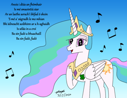 Size: 1000x772 | Tagged: safe, artist:pheeph, character:princess celestia, celtic, female, irish, music notes, singing, solo, song, translation request