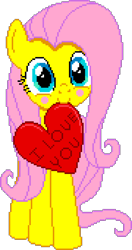 Size: 900x1710 | Tagged: safe, artist:comfydove, editor:cocoa bittersweet, character:fluttershy, species:pegasus, species:pony, episode:hearts and hooves day, g4, my little pony: friendship is magic, blushing, cute, female, heart, holding, holiday, looking at you, manepxls, mare, mouth hold, pixel art, pxls.space, shyabetes, simple background, smiling, solo, text, transparent background, valentine's day