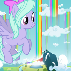 Size: 10000x10000 | Tagged: safe, artist:gwennie-chan, artist:jerryakiraclassics19, artist:scourge707, character:flitter, species:pegasus, species:pony, absurd resolution, bow, cloud, female, flying, giant pony, giantess, macro, mare, rainbow waterfall, winsome falls