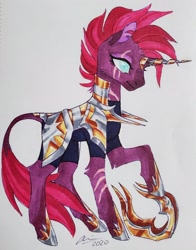 Size: 2048x2607 | Tagged: safe, artist:creeate97, character:tempest shadow, species:classical unicorn, species:pony, species:unicorn, alternate design, armor, broken horn, cloven hooves, eye scar, female, helmet, horn, leonine tail, mare, marker drawing, prosthetic horn, prosthetics, scar, simple background, solo, tempest gets her horn back, traditional art, unshorn fetlocks, white background