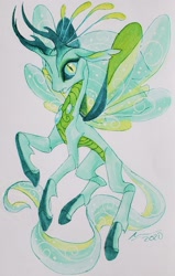 Size: 1908x2991 | Tagged: safe, artist:creeate97, character:queen chrysalis, species:changeling, species:pony, alternate design, changeling queen, female, flying, looking at you, mare, simple background, slit eyes, solo, traditional art, white background