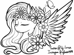 Size: 1500x1128 | Tagged: safe, artist:thanhvy15599, character:fluttershy, species:pegasus, species:pony, black and white, coloring page, female, flower, flower in hair, grayscale, mare, monochrome, solo, spread wings, wings