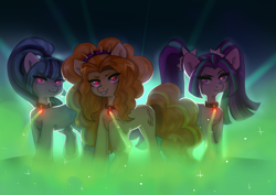 Size: 3496x2480 | Tagged: safe, artist:sugarstar, rcf community, character:adagio dazzle, character:aria blaze, character:sonata dusk, species:earth pony, species:pony, backlighting, chest fluff, equestria girls ponified, female, gem, glowing eyes, high res, looking at you, magic, mare, ponified, siren gem, smiling, the dazzlings, trio
