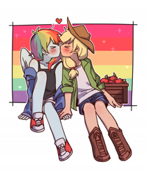 Size: 2048x2389 | Tagged: safe, artist:dcon, character:applejack, character:rainbow dash, ship:appledash, my little pony:equestria girls, apple, blushing, converse, female, food, heart, kissing, lesbian, pride, shipping, shoes, winged humanization, wings
