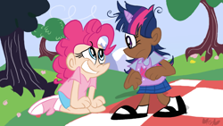 Size: 800x450 | Tagged: safe, artist:mirabuncupcakes15, character:pinkie pie, character:twilight sparkle, species:human, clothing, converse, dark skin, female, grin, horn, horned humanization, humanized, mary janes, messy mane, picnic, picnic blanket, scene interpretation, shirt, shoes, shorts, smiling, socks, t-shirt, tree, vest