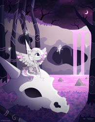Size: 1505x1933 | Tagged: safe, artist:amberpone, oc, oc only, oc:holka withers, species:pegasus, species:pony, art trade, blank flank, chest fluff, digital art, female, looking up, mare, night, paint tool sai, purple, sitting, skull, solo, wings