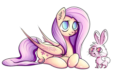 Size: 3806x2460 | Tagged: safe, artist:coco-drillo, character:angel bunny, character:fluttershy, species:pegasus, species:pony, species:rabbit, animal, colourful, ear fluff, lying down, simple background, transparent background