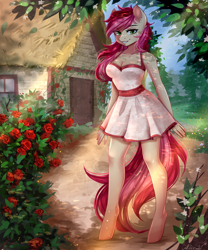 Size: 2500x3000 | Tagged: safe, artist:alicesmitt31, character:roseluck, species:anthro, species:earth pony, species:unguligrade anthro, beautiful, breasts, busty roseluck, cleavage, clothing, cute, cuteluck, dress, ear fluff, female, flower, grin, looking at you, mare, outdoors, rose, smiling, solo