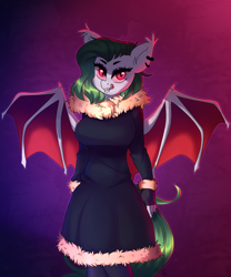 Size: 2500x3000 | Tagged: safe, alternate version, artist:sugarstar, oc, oc only, species:anthro, species:bat pony, species:pony, ear piercing, fangs, female, fluffy, fur, fur coat, looking at you, mare, piercing, simple background, smiling, solo, spread wings, standing, tongue out, wings