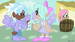 Size: 800x450 | Tagged: safe, artist:mirabuncupcakes15, character:cloudchaser, character:flitter, character:fluttershy, species:human, barrel, boots, bow, clothing, dark skin, dress, female, flyer, hair bow, hair over one eye, hoodie, humanized, jeans, pants, scene interpretation, shoes, siblings, sisters, torn clothes, twins, winged humanization, wings