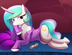 Size: 1280x989 | Tagged: safe, artist:negativefox, character:princess celestia, species:alicorn, species:pony, bed, bedroom eyes, clothing, draw me like one of your french girls, female, mare, on side, scroll, seductive, shirt, solo, stripping, stupid sexy celestia