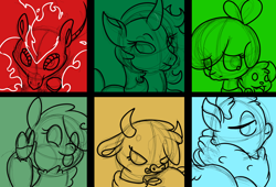 Size: 2820x1920 | Tagged: safe, artist:cotton, community related, character:arizona cow, character:oleander, character:paprika paca, character:pom lamb, character:tianhuo, character:velvet reindeer, species:alpaca, species:cow, species:deer, species:dragon, species:longma, species:reindeer, species:sheep, them's fightin' herds, fightin' six, hybrid, simple background