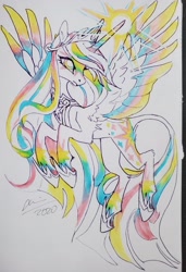 Size: 2048x2992 | Tagged: safe, artist:creeate97, character:twilight sparkle, character:twilight sparkle (alicorn), species:alicorn, species:pony, alternate design, crown, female, flying, glowing horn, horn, jewelry, leonine tail, mare, marker drawing, regalia, simple background, solo, traditional art, white background