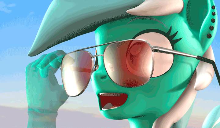 Size: 720x419 | Tagged: safe, artist:whiteskyline, character:lyra heartstrings, species:pony, species:unicorn, 3d, animated, blinking, ear piercing, female, gif, glasses, hand, jaw drop, magic, magic hands, miami vice, mother of god, open mouth, piercing, shocked, sky, solo, source filmmaker, sunglasses
