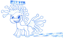 Size: 1300x801 | Tagged: safe, artist:umneem, oc, oc only, oc:corona chan, species:pony, my little pony:pony life, coronavirus, covid-19, crown, female, jewelry, lineart, mare, monochrome, regalia, sharp teeth, smiling, teeth