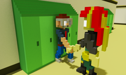 Size: 1280x768 | Tagged: safe, artist:derek the metagamer, character:sunset shimmer, oc, oc:darry ruth, my little pony:equestria girls, canterlot high, glasses, glowing eyes, lockers, magicavoxel, memory spell, spell, voxel art