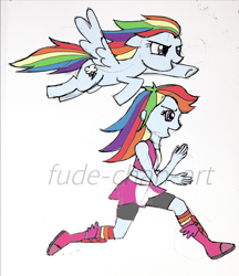 Size: 1488x1719 | Tagged: safe, artist:fude-chan-art, character:rainbow dash, species:pegasus, species:pony, my little pony:equestria girls, boots, boxing boots, boxing shoes, boxing skirt, clothing, cycling shorts, exeron fighters, exeron outfit, female, human ponidox, mare, ponidox, running, self ponidox, shoes, skirt, socks, sports bra