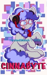 Size: 423x679 | Tagged: safe, artist:twisted-sketch, oc, oc only, oc:cinnabyte, adorkable, badge, bandana, commission, con badge, cute, dork, gaming headset, glasses, headset, tongue out