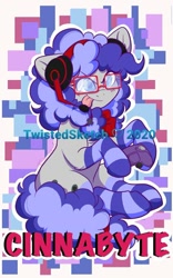 Size: 423x679 | Tagged: safe, alternate version, artist:twisted-sketch, oc, oc only, oc:cinnabyte, adorkable, badge, bandana, clothing, commission, con badge, cute, dork, gaming headset, glasses, headset, socks, striped socks, tongue out