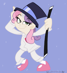 Size: 733x800 | Tagged: safe, artist:mirabuncupcakes15, character:sweetie belle, species:human, episode:growing up is hard to do, g4, my little pony: friendship is magic, bedroom eyes, blue background, cane, clothing, dancing, female, hat, horn, horned humanization, humanized, older, older sweetie belle, pants, shoes, simple background, socks, solo, suit, top hat