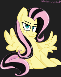 Size: 631x800 | Tagged: safe, artist:mirabuncupcakes15, character:fluttershy, species:pegasus, species:pony, angry, annoyed, black background, chest fluff, emoshy, female, fluttershy is not amused, mare, simple background, sitting, solo, unamused