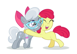 Size: 1323x934 | Tagged: safe, artist:culu-bluebeaver, edit, editor:slayerbvc, character:apple bloom, character:silver spoon, species:earth pony, species:pony, accessory swap, accessory-less edit, apple bloom's bow, bow, embarrassed, female, filly, glasses, hair bow, hug, jewelry, missing accessory, necklace, simple background, transparent background, vector, vector edit