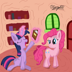 Size: 2500x2500 | Tagged: safe, artist:php7, character:pinkie pie, character:twilight sparkle, species:earth pony, species:pony, species:unicorn, book, duo, duo female, female, frown, golden oaks library, high res, looking back, magic, mare, sitting