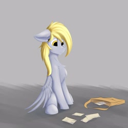 Size: 3000x3000 | Tagged: safe, artist:observerdoz, character:derpy hooves, species:pegasus, species:pony, chest fluff, cute, derpabetes, female, floppy ears, letter, mare, sad, sadorable, sitting, solo