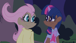 Size: 800x450 | Tagged: safe, artist:mirabuncupcakes15, character:fluttershy, character:twilight sparkle, species:human, clothing, dark skin, female, grin, horn, horned humanization, humanized, night, scene interpretation, shirt, smiling, sweater, sweatershy, twilight is not amused, unamused, vest