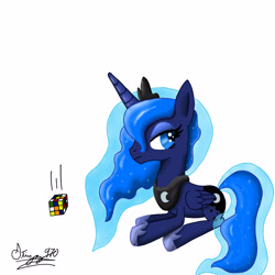Size: 2500x2500 | Tagged: safe, artist:php7, character:princess luna, species:alicorn, species:pony, female, high res, mare, prone, rubik's cube, simple background, solo, white background