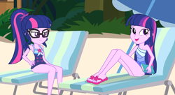 Size: 2808x1528 | Tagged: safe, artist:draymanor57, character:twilight sparkle, character:twilight sparkle (alicorn), character:twilight sparkle (scitwi), species:eqg human, my little pony:equestria girls, beach, clothing, duality, feet, one-piece swimsuit, ponidox, sandals, self ponidox, swimsuit, twolight