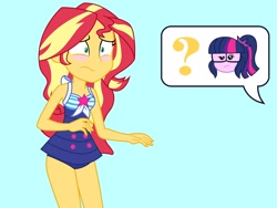 Size: 2048x1536 | Tagged: safe, artist:draymanor57, character:sunset shimmer, my little pony:equestria girls, clothing, humanized, implied sci-twi, one-piece swimsuit, sleeveless, swimsuit, swimsuit swap, swimsuit theft