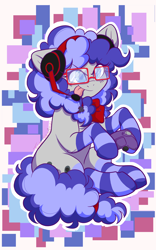 Size: 3000x4819 | Tagged: safe, alternate version, artist:twisted-sketch, oc, oc only, oc:cinnabyte, species:earth pony, species:pony, adorkable, bandana, clothing, commission, cute, dork, earth pony oc, female, gaming headset, glasses, headset, mare, socks, striped socks, tongue out