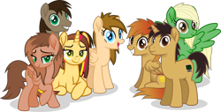 Size: 7852x4000 | Tagged: safe, artist:peahead, oc, oc only, oc:cherry lights, oc:data wave, oc:firegold lust, oc:kathrine, oc:paper trail, oc:stellar winds, unnamed oc, species:earth pony, species:pegasus, species:pony, species:unicorn, absurd resolution, bedroom eyes, earth pony oc, female, folded wings, grin, group, group photo, group shot, happy, horn, lidded eyes, looking at you, male, mare, pegasus oc, simple background, smiling, smiling at you, spread wings, stallion, transparent background, unicorn oc, vector, wings