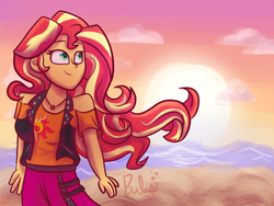 Size: 2000x1500 | Tagged: safe, artist:bubbly-storm, character:sunset shimmer, g4, my little pony: equestria girls, my little pony:equestria girls, beach, clothing, cloud, cutie mark, cutie mark on clothes, female, geode of empathy, magical geodes, signature, skirt, smiling, solo, sun, sunset, vest
