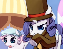 Size: 1100x850 | Tagged: safe, artist:negativefox, character:rarity, character:sweetie belle, species:pony, species:unicorn, clothing, crossover, duo, duo female, female, filly, hat, hershel layton, luke triton, mare, parody, professor layton, raised hoof, top hat