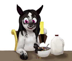 Size: 4000x3379 | Tagged: safe, artist:misstwipietwins, oc, oc only, oc:inkenel, oc:oretha, species:pony, annoyed, bowl, cereal, cereal box, food, happy, micro, milk, size difference