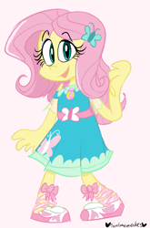 Size: 528x800 | Tagged: safe, artist:mirabuncupcakes15, character:fluttershy, my little pony:equestria girls, belt, clothing, cute, dress, female, open mouth, pink background, sandals, shyabetes, simple background, solo