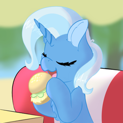 Size: 1889x1889 | Tagged: safe, artist:jubyskylines, character:trixie, species:pony, species:unicorn, burger, chest fluff, cute, diatrixes, ear fluff, eating, eyes closed, female, food, hay burger, herbivore, mare, open mouth, solo