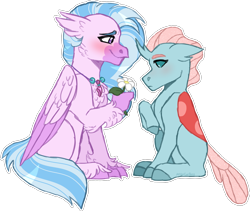 Size: 1931x1626 | Tagged: safe, artist:artistcoolpony, character:ocellus, character:silverstream, species:changeling, species:classical hippogriff, species:hippogriff, species:reformed changeling, ship:ocellustream, cute, diaocelles, diastreamies, female, flower, jewelry, lesbian, necklace, shipping, simple background, transparent background